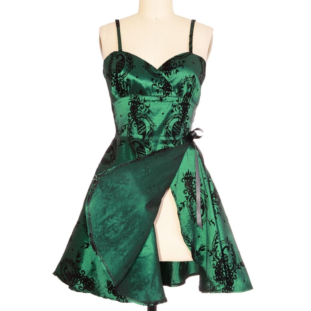 Green Shimmering Peacock Flocked Slip Dress Tunic - Picture 4 of 5